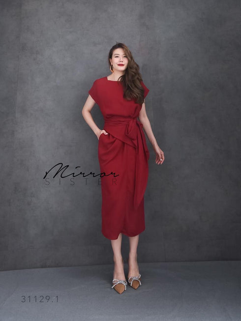 Women Classy Waist Tie Mid Length Back Slit Dresses